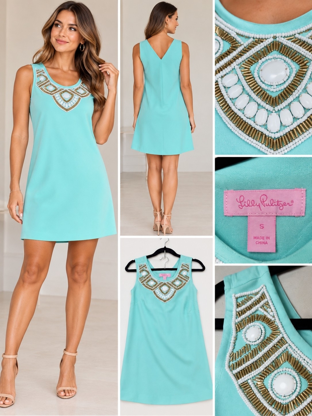 Lilly Pulitzer Aqua Embellished Neck Sleeveless Shift Dress